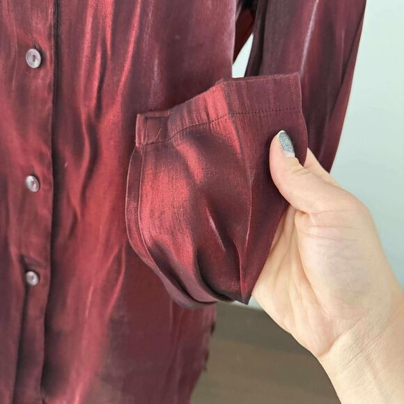 Basic Editions Women's Burgundy Metallic Button Up Shirt - Picture 4 of 6